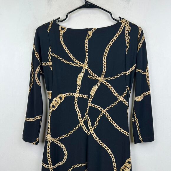 LAUREN RALPH LAUREN Black Gold Chain Link Jersey Dress Boat Neck Pullover Sz 4 - Picture 4 of 8